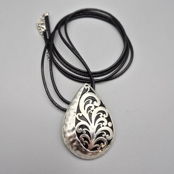 Black Double Cord Necklace Silver Tone Teardrop Pendant Swirl Pattern 32" - Picture 6 of 6